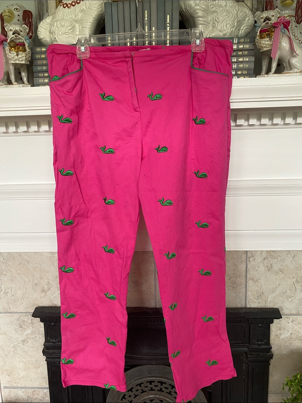 Preppy, hot pink pants with embroidered green whales